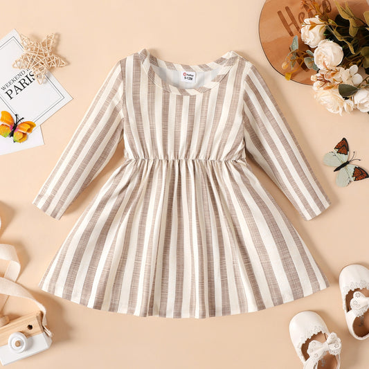 White and Beige Striped Long Sleeve Dress